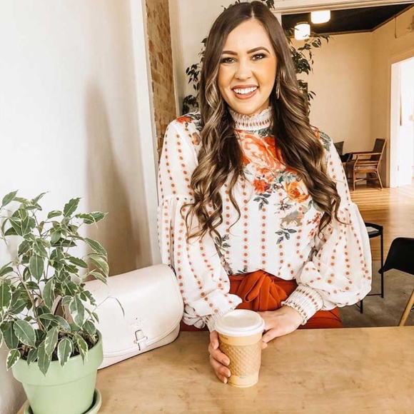 Floral Print dot Balloon Sleeve Cream Boho Blouse - Picture 6 of 13